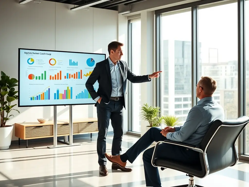 A professional business coach in a modern office setting, guiding a client through strategic planning with charts and graphs displayed on a large screen, emphasizing data-driven decision-making.