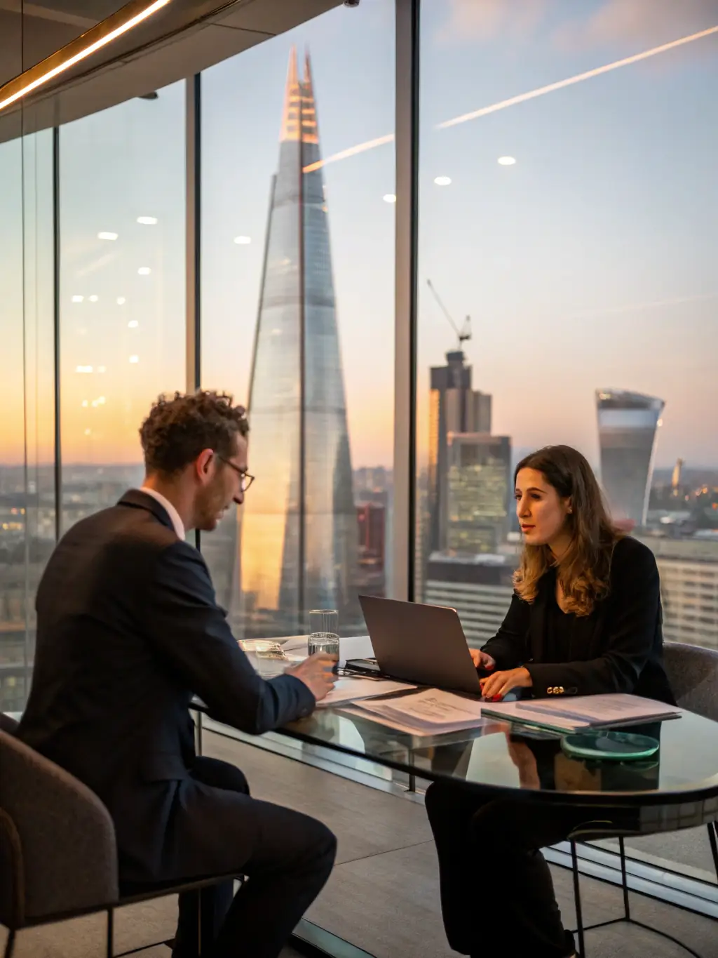 A professional business coach in a suit, guiding a client through a strategic planning session in a modern office, with London skyline visible through the window.