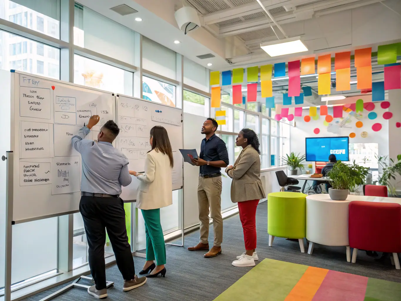 A diverse team of business professionals collaborating in a bright, modern co-working space, brainstorming ideas and strategies for innovation and market leadership.